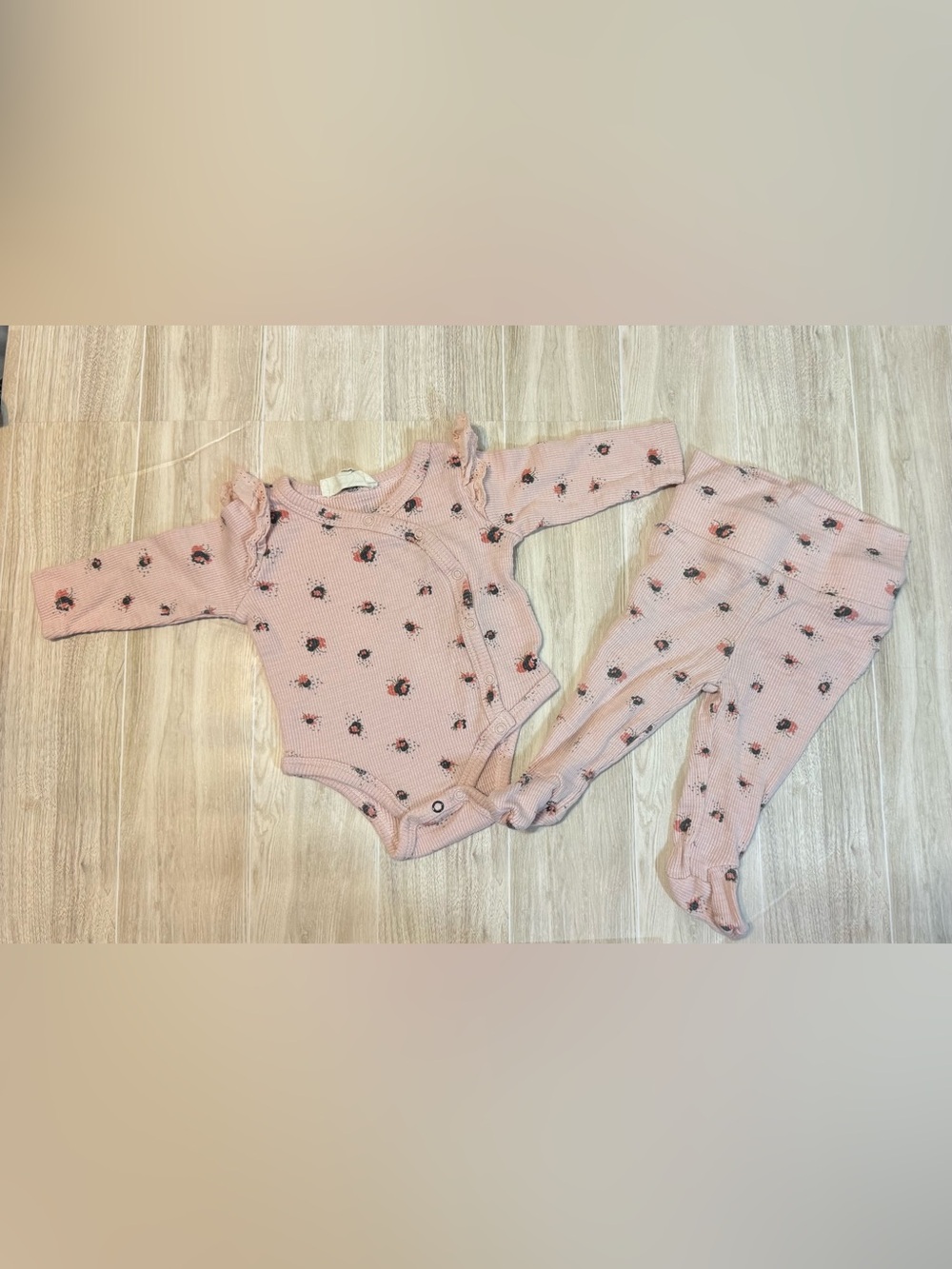 Jessica Simpson Pink Floral Ribbed Footed Top & Pant Set 0-3M
